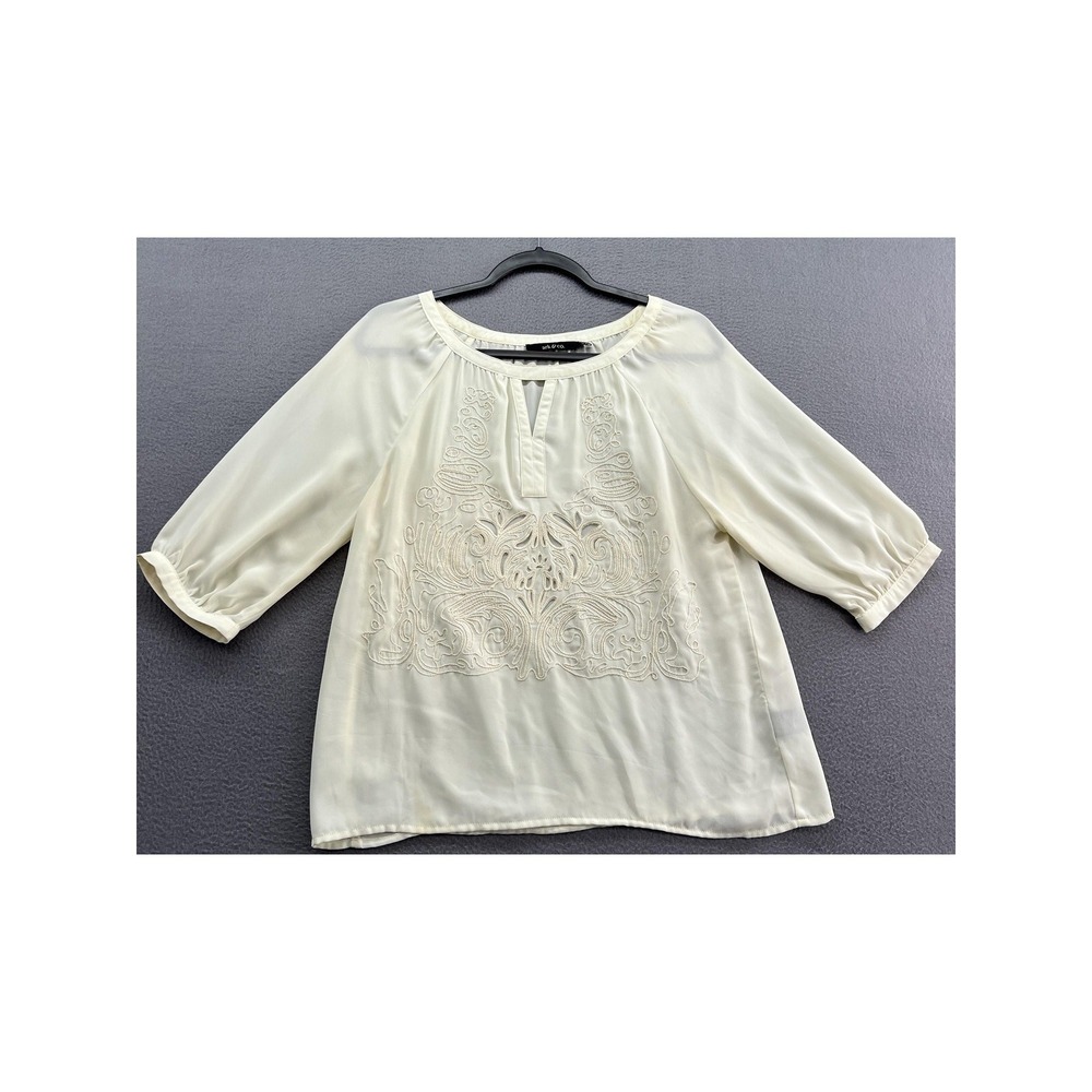 Ark & Co Blouse Womens S Cream Embroidered Eyelet Bib 3/4 Sleeve Boho Top